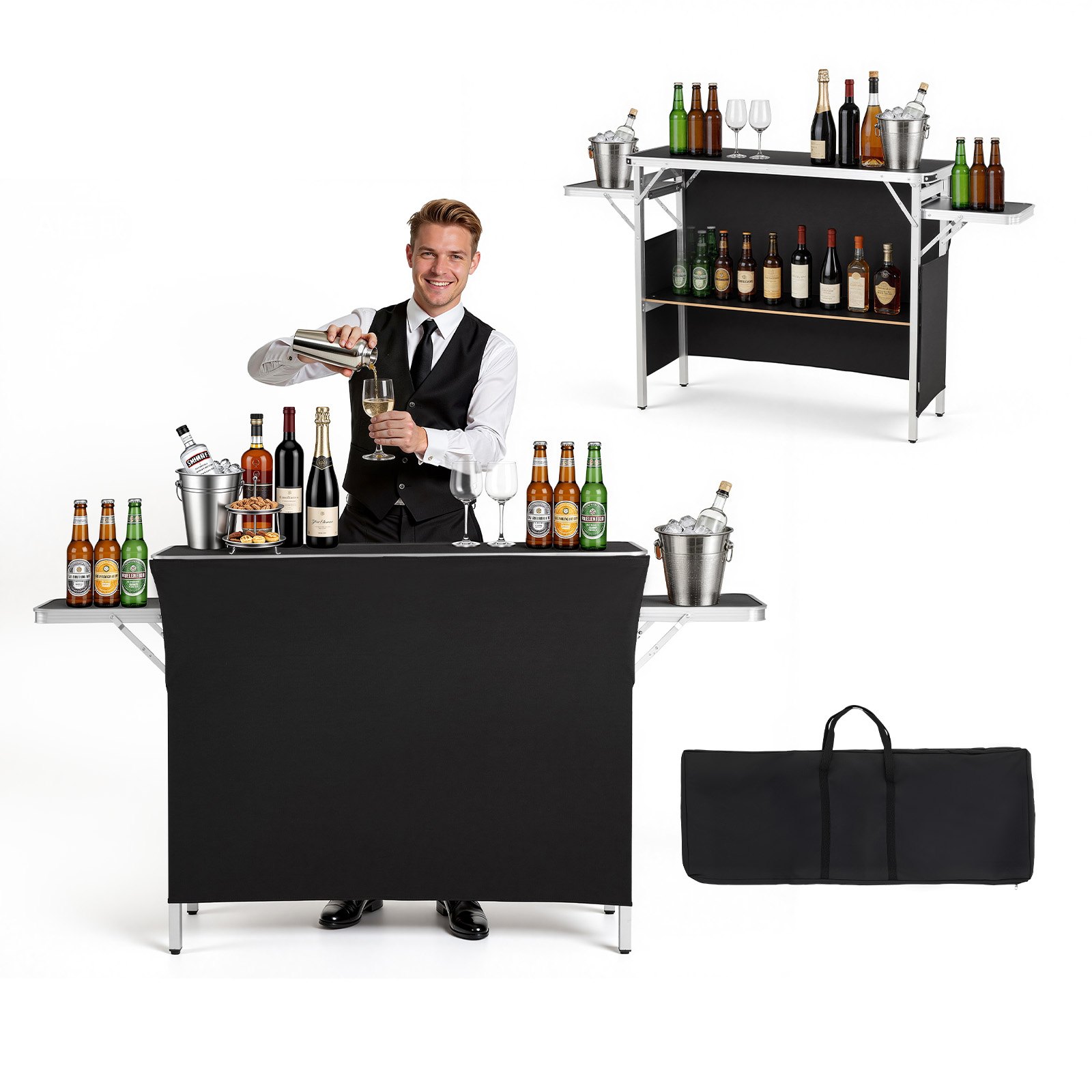 VEVOR Folding Portable Bar Table, 1100 x 390 x 880 mm, with Carry Bag, Storage Shelf, and Detachable Skirt, Quick and Easy Setup, Foldable Mobile Bartending Station for Events, Party, Tradeshow