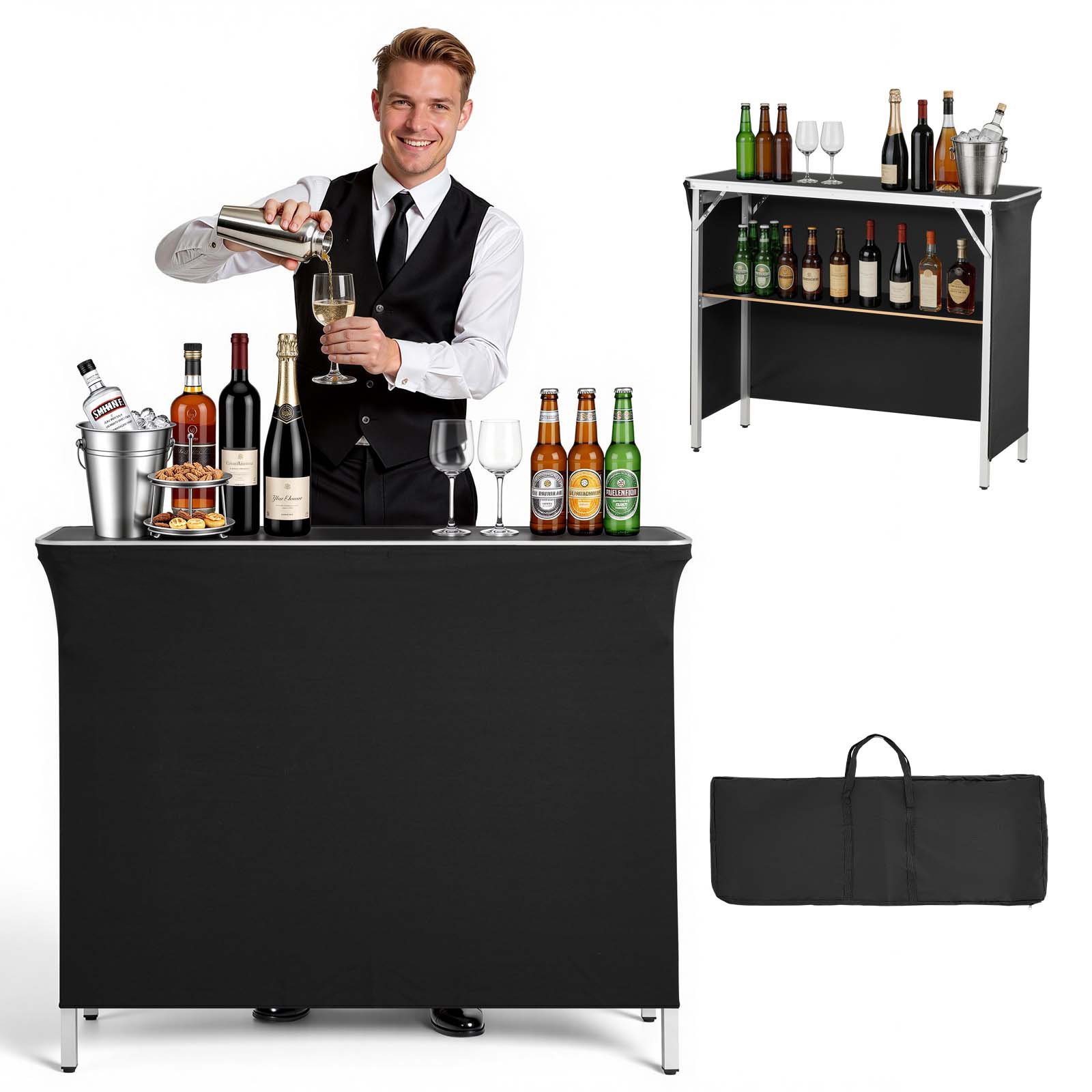 VEVOR Folding Portable Bar Table, 1100 x 385 x 885 mm, with Carry Bag, Storage Shelf, and Detachable Skirt, Quick and Easy Setup, Foldable Mobile Bartending Station for Events, Party, Tradeshow
