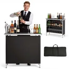 VEVOR Folding Portable Bar Table, 980 x 385 x 870 mm, with Carry Bag, Storage Shelf, and Detachable Skirt, Quick and Easy Setup, Foldable Mobile Bartending Station for Events, Party, Tradeshow