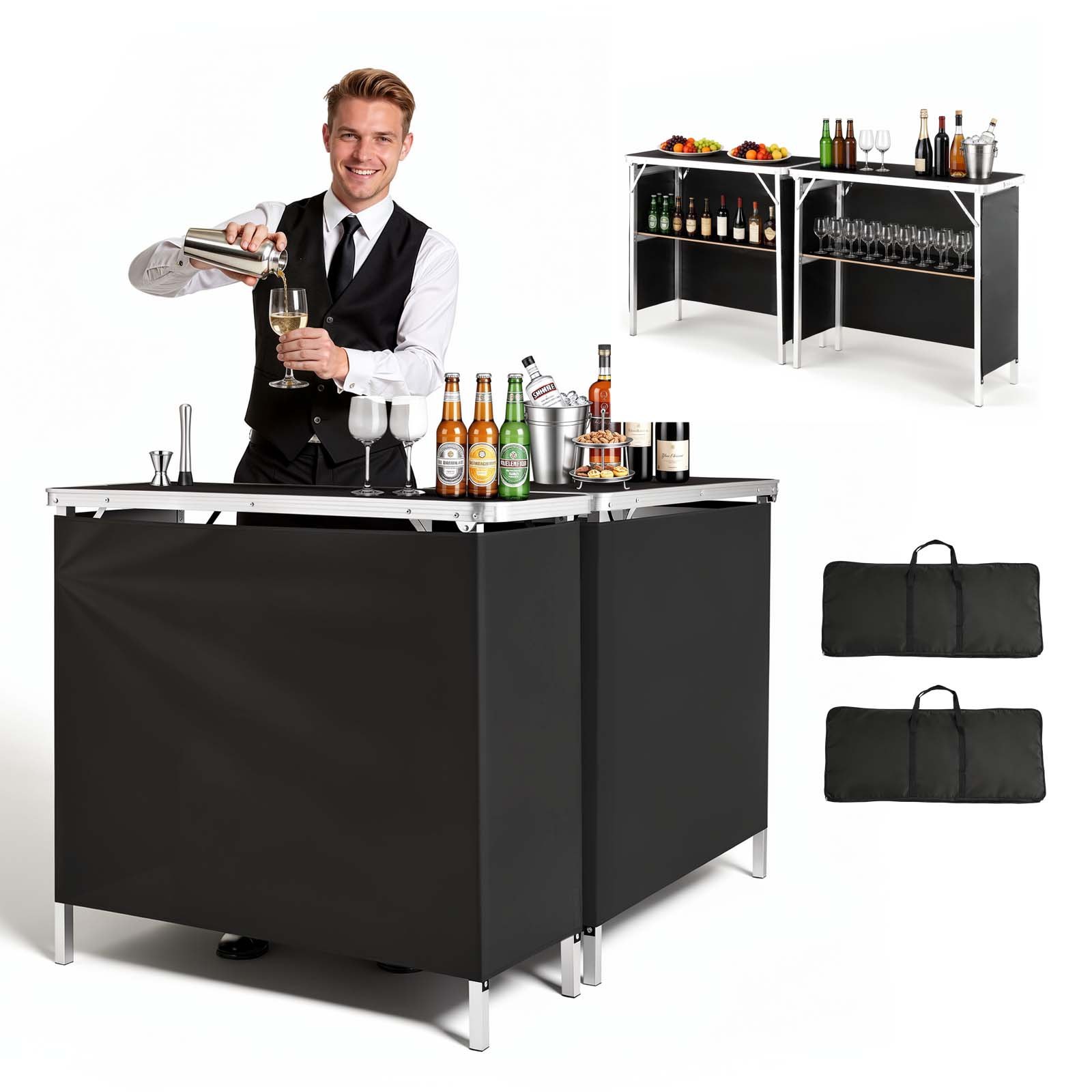VEVOR Folding Portable Bar Table, 2 pcs, 980 x 385 x 870 mm, with Carry Bag, Storage Shelf, Detachable Skirt, Quick and Easy Setup, Foldable Mobile Bartending Station for Events, Party, Tradeshow