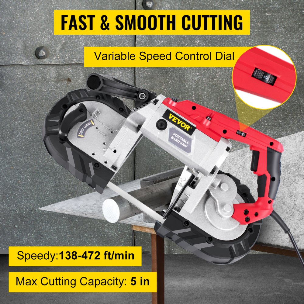 VEVOR Portable Band Saw, 127mm Cutting Capacity Cordless BandSaw, Variable Speed Hand held Band Saw, 10Amp Motor Portable Bandsaw, Deep Cut Bandsaw for Metal Wood Tubing Pipes Rebar and Plastic