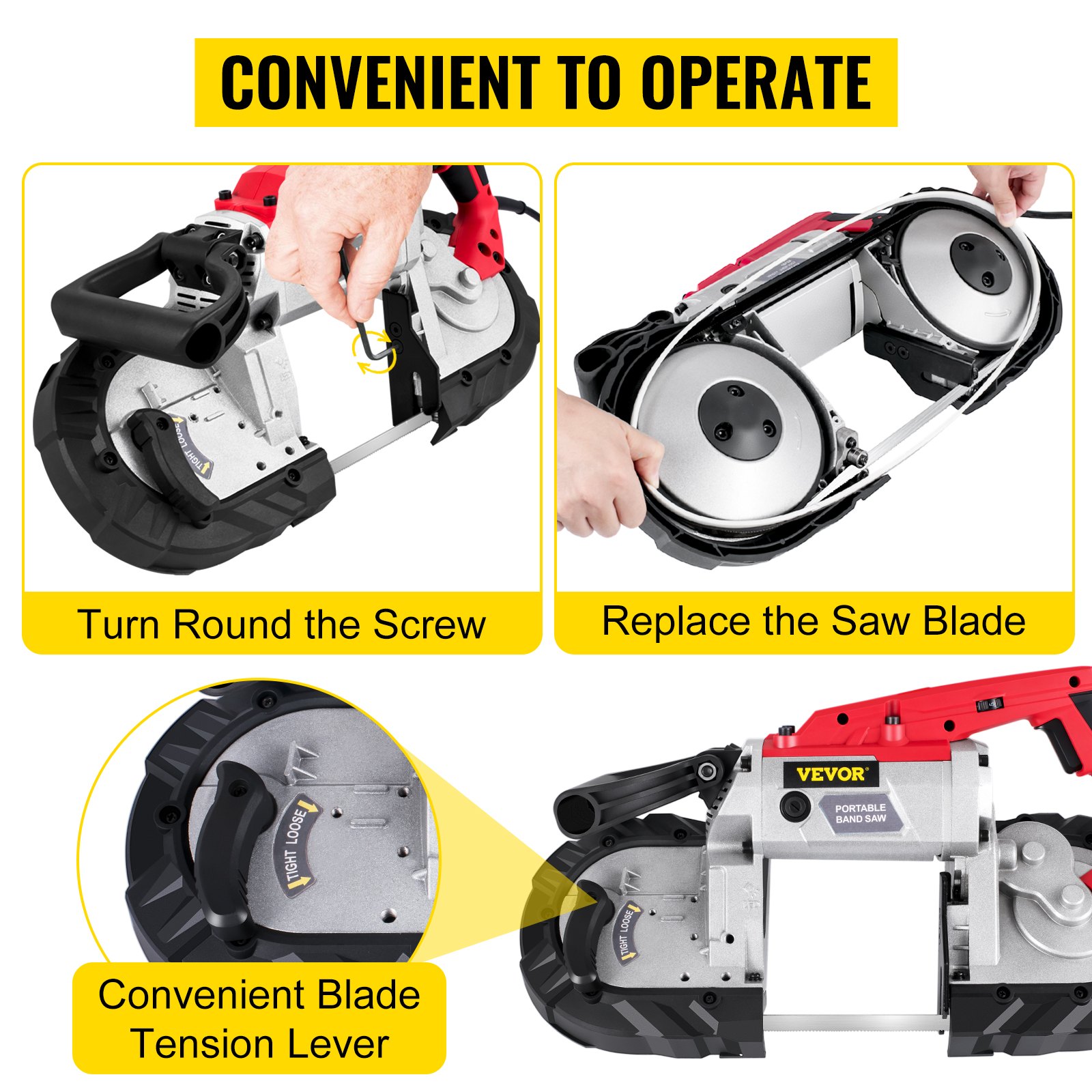 VEVOR Portable Band Saw, 127mm Cutting Capacity Cordless BandSaw, Variable Speed Hand held Band Saw, 10Amp Motor Portable Bandsaw, Deep Cut Bandsaw for Metal Wood Tubing Pipes Rebar and Plastic