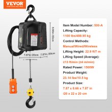 VEVOR 3-in-1 Electric Hoist Winch, 1100 lbs 1500W Portable Power Winch Crane, 22.9 ft Lifting Height, 13 ft/min with Wired and Wireless Remote Control, for Garage, Warehouse, Factory Lifting Towing
