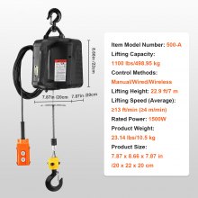 VEVOR 3-in-1 Electric Hoist Winch, 1100lbs 1500W Portable Power Winch Crane, 110V/120V 22.9 ft Lifting Height, 13 ft/min with Manual, Wired and Wireless Remote Control, Overload Protection