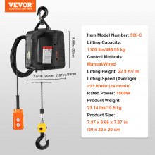 VEVOR 2-in-1 Electric Hoist Winch, 1100 lbs Lift Capacity, 1500W Portable Power Winch Crane, 22.9 ft Lifting Height, 13 ft/min with Wired Remote Control, for Garage, Warehouse, Factory Lifting Towing