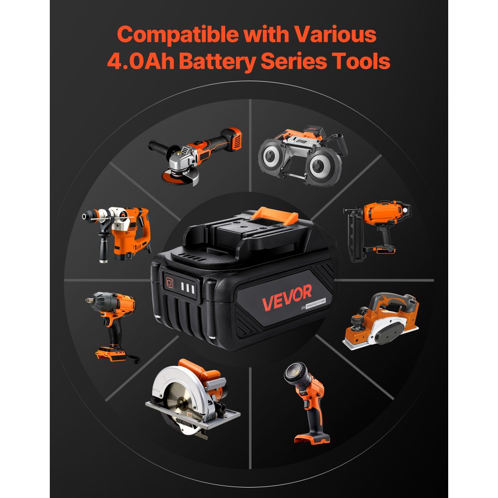 VEVOR 20V MAX, Portable Battery and Charger Combo, AC 220V, 4.0 Ah Lithium-Ion Battery Pack, 4000 mAh Large Capacity, Extended Runtime, Compatible with Series Tools, for Replacement and Fast Charging