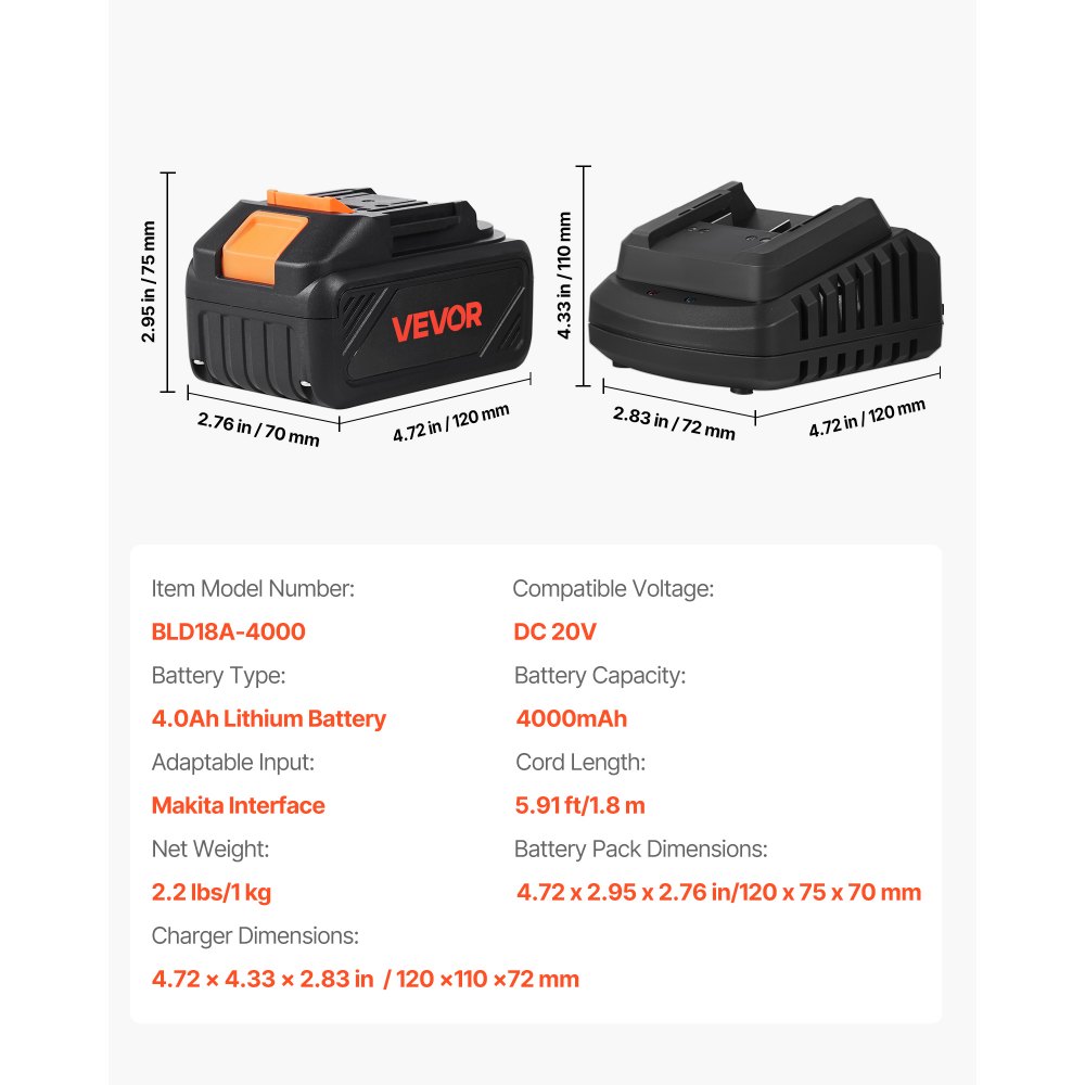 VEVOR 20V MAX, Portable Battery and Charger Combo, AC 220V, 4.0 Ah Lithium-Ion Battery Pack, 4000 mAh Large Capacity, Extended Runtime, Compatible with Series Tools, for Replacement and Fast Charging
