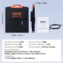 VEVOR Panel solar monocristalino portátil, cargador solar monocristalino de 120 W plegable y ETFE, panel solar de eficiencia del 23% con tipo C, CC 18 V, puerto USB QC3.0, IP67 impermeable para el hogar, fuera de la red, senderismo