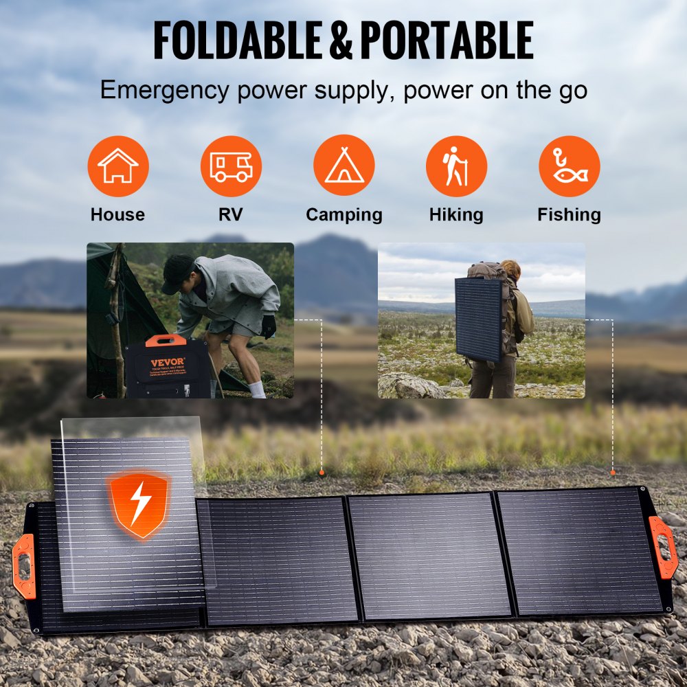 VEVOR Portable Monocrystalline Solar Panel, 200W Foldable Monocrystalline ETFE Solar Charger, 23% Efficiency Solar Panel with MC4 Output, IP67 Waterproof for Power Stations, Camping, Hiking, Off-Grid