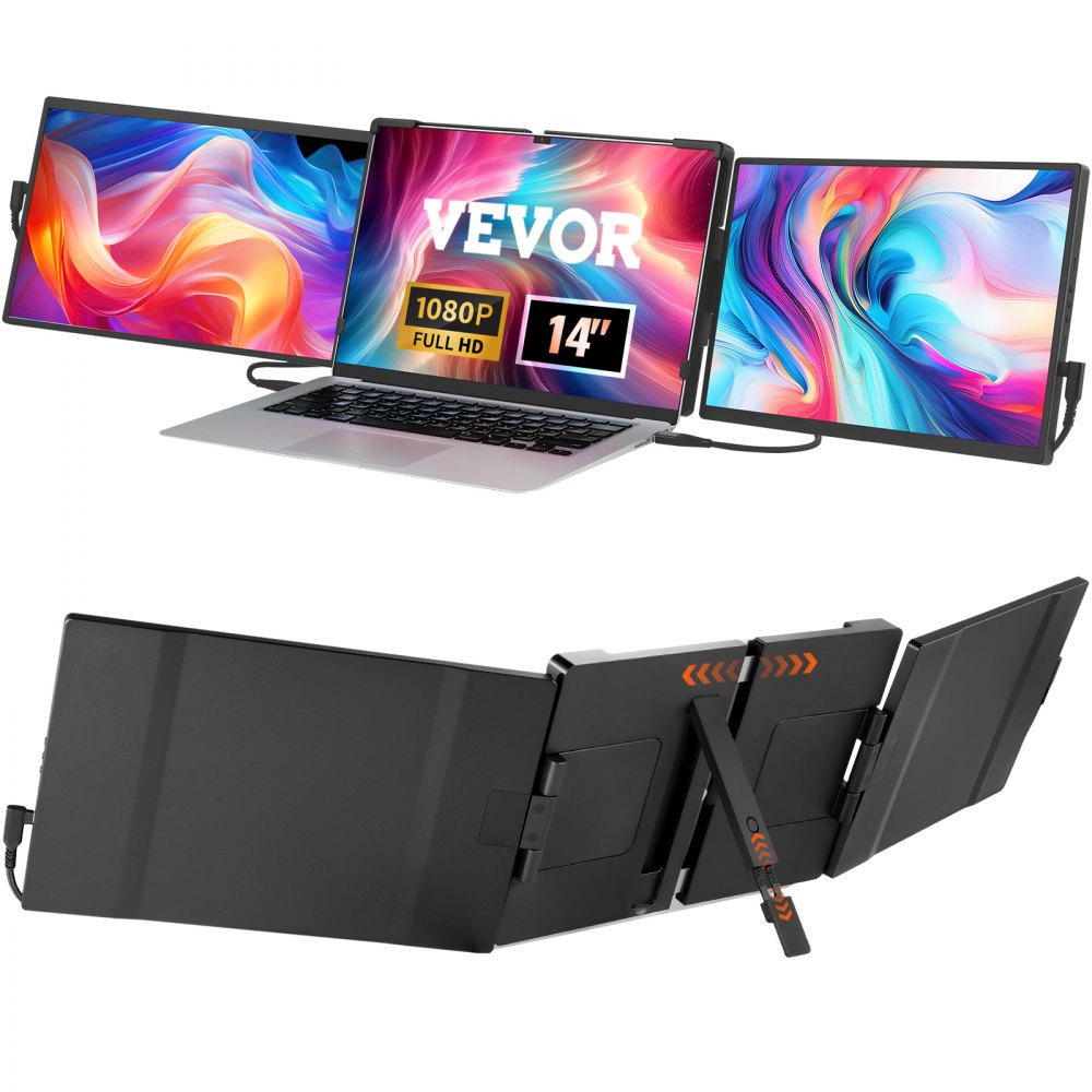 VEVOR laptop screen extender with dual 14-inch 1080p full hd displays attached to a laptop.