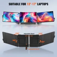 Extensor de pantalla portátil VEVOR, monitor triple extendido IPS FHD 1080P de 14" para portátiles de 13" a 17", monitor portátil giratorio con puerto USB-C/USB-A/Mini HDMI, compatible con Mac/Wins/Android/Switch/PS5