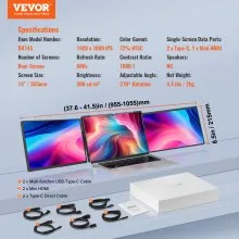 Extensor de pantalla portátil VEVOR, monitor triple extendido IPS FHD 1080P de 14" para portátiles de 13" a 17", monitor portátil giratorio con puerto USB-C/USB-A/Mini HDMI, compatible con Mac/Wins/Android/Switch/PS5