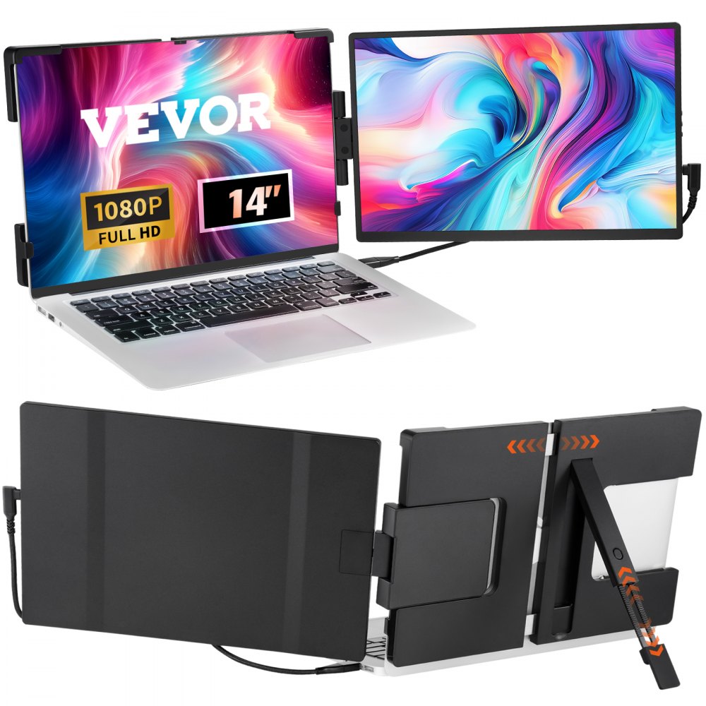 Extensor de pantalla para computadora portátil VEVOR con dos pantallas Full HD 1080p de 14" conectadas a una computadora portátil plateada.