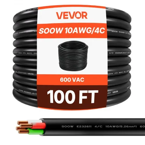 VEVOR 30.48 m 10AWG Portable Power Cable (4 Conductor), Heavy Duty 600V SOOW Electrical Cable, Industrial Grade Electric Wire, Premium CPE Rubber Jacket, Copper Extension Cord for Welder Machine