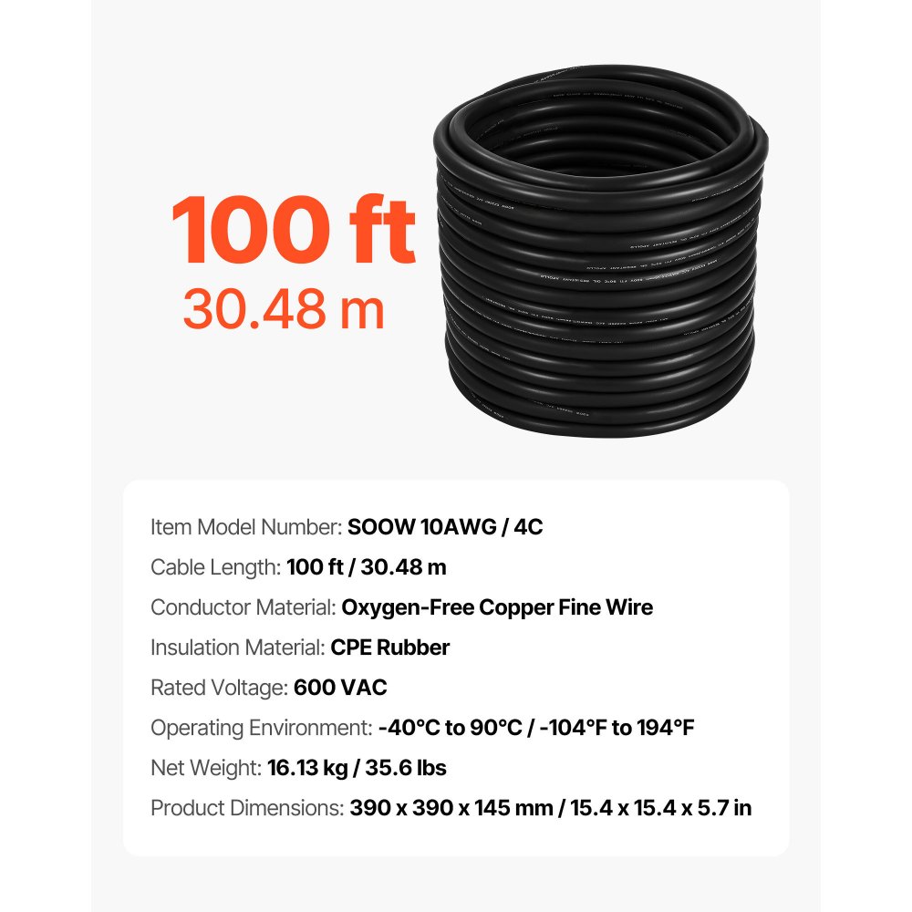 VEVOR 30.48 m 10AWG Portable Power Cable (4 Conductor), Heavy Duty 600V SOOW Electrical Cable, Industrial Grade Electric Wire, Premium CPE Rubber Jacket, Copper Extension Cord for Welder Machine