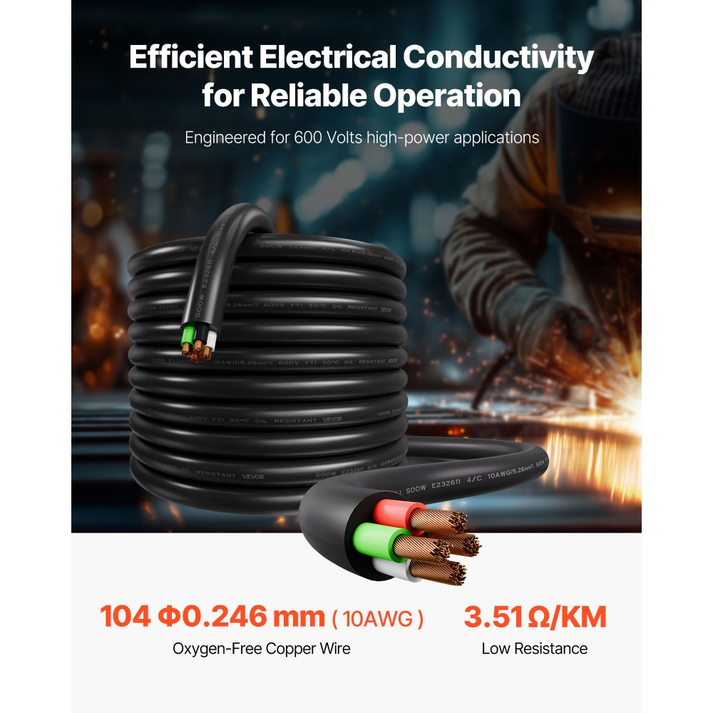 VEVOR 100 FT 10AWG Portable Power Cable (4 Conductor), Heavy Duty 600V SOOW Electrical Power Cable, Industrial Grade Electric Wire, Premium CPE Rubber Jacket, Copper Extension Cord for Welder Machine