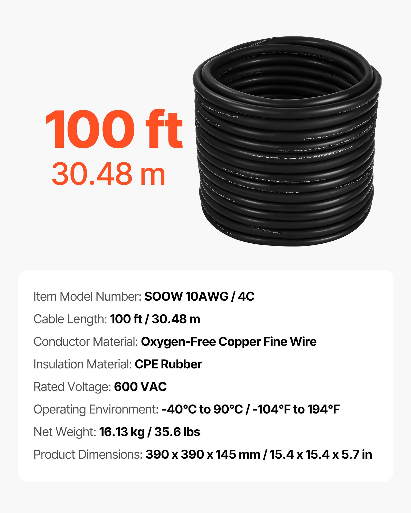 VEVOR 30.48 m 10AWG Portable Power Cable (4 Conductor), Heavy Duty 600V SOOW Electrical Cable, Industrial Grade Electric Wire, Premium CPE Rubber Jacket, Copper Extension Cord for Welder Machine