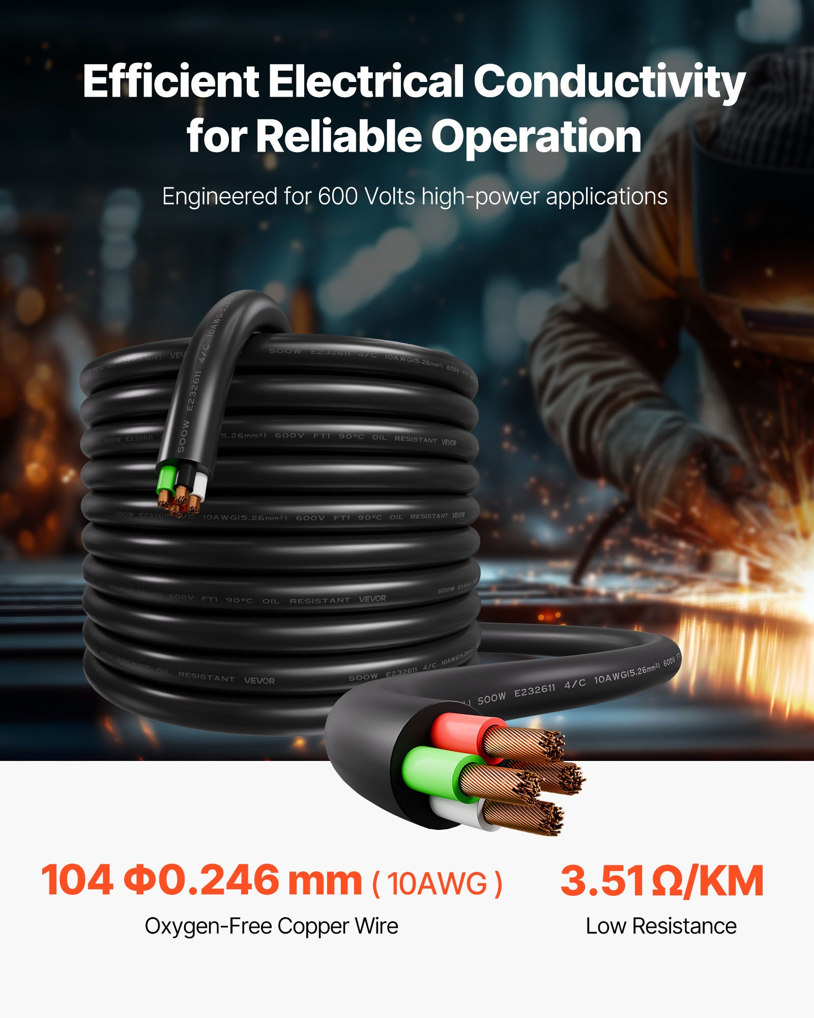 VEVOR 100 FT 10AWG Portable Power Cable (4 Conductor), Heavy Duty 600V SOOW Electrical Power Cable, Industrial Grade Electric Wire, Premium CPE Rubber Jacket, Copper Extension Cord for Welder Machine