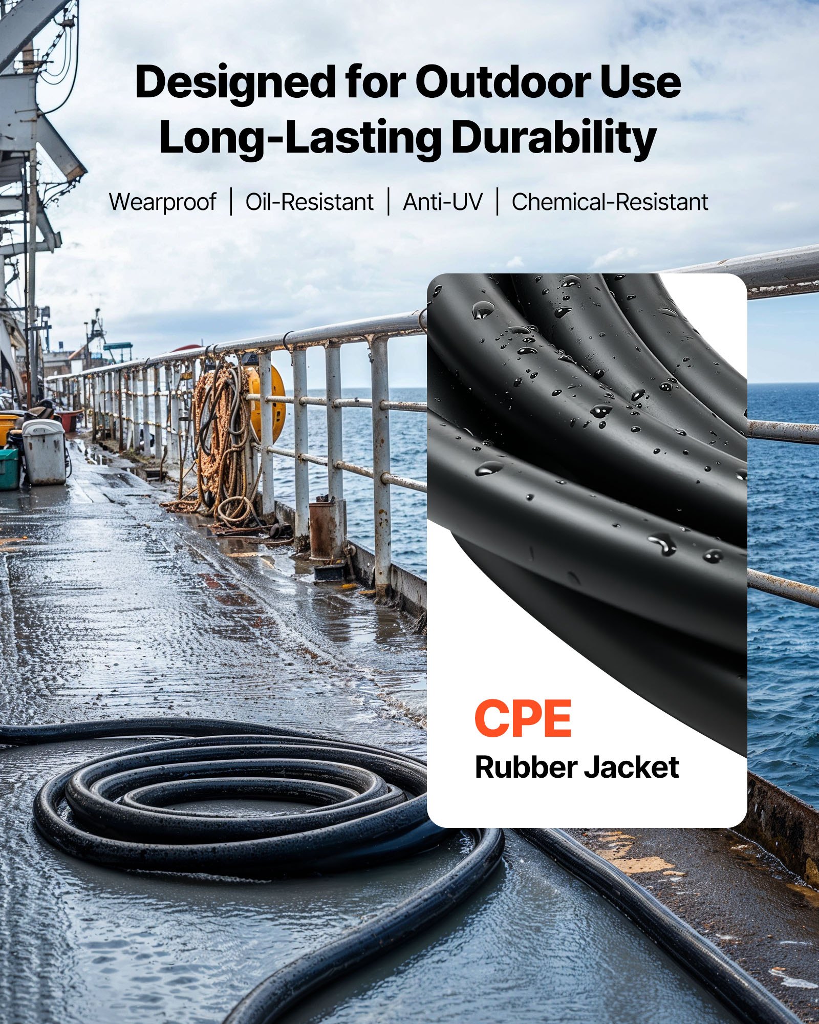 VEVOR 100 FT 10AWG Portable Power Cable (4 Conductor), Heavy Duty 600V SOOW Electrical Power Cable, Industrial Grade Electric Wire, Premium CPE Rubber Jacket, Copper Extension Cord for Welder Machine