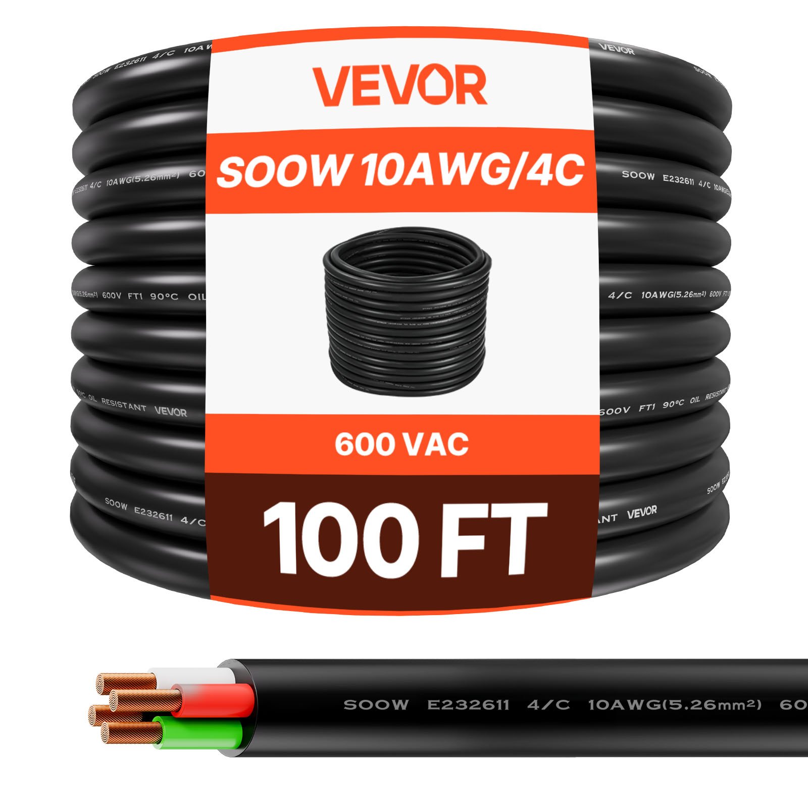 VEVOR 100 FT 10AWG Portable Power Cable (4 Conductor), Heavy Duty 600V SOOW Electrical Power Cable, Industrial Grade Electric Wire, Premium CPE Rubber Jacket, Copper Extension Cord for Welder Machine