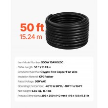 50 FT 10AWG Premium Electrical Power Cable Copper Extension Cord Wire 600V