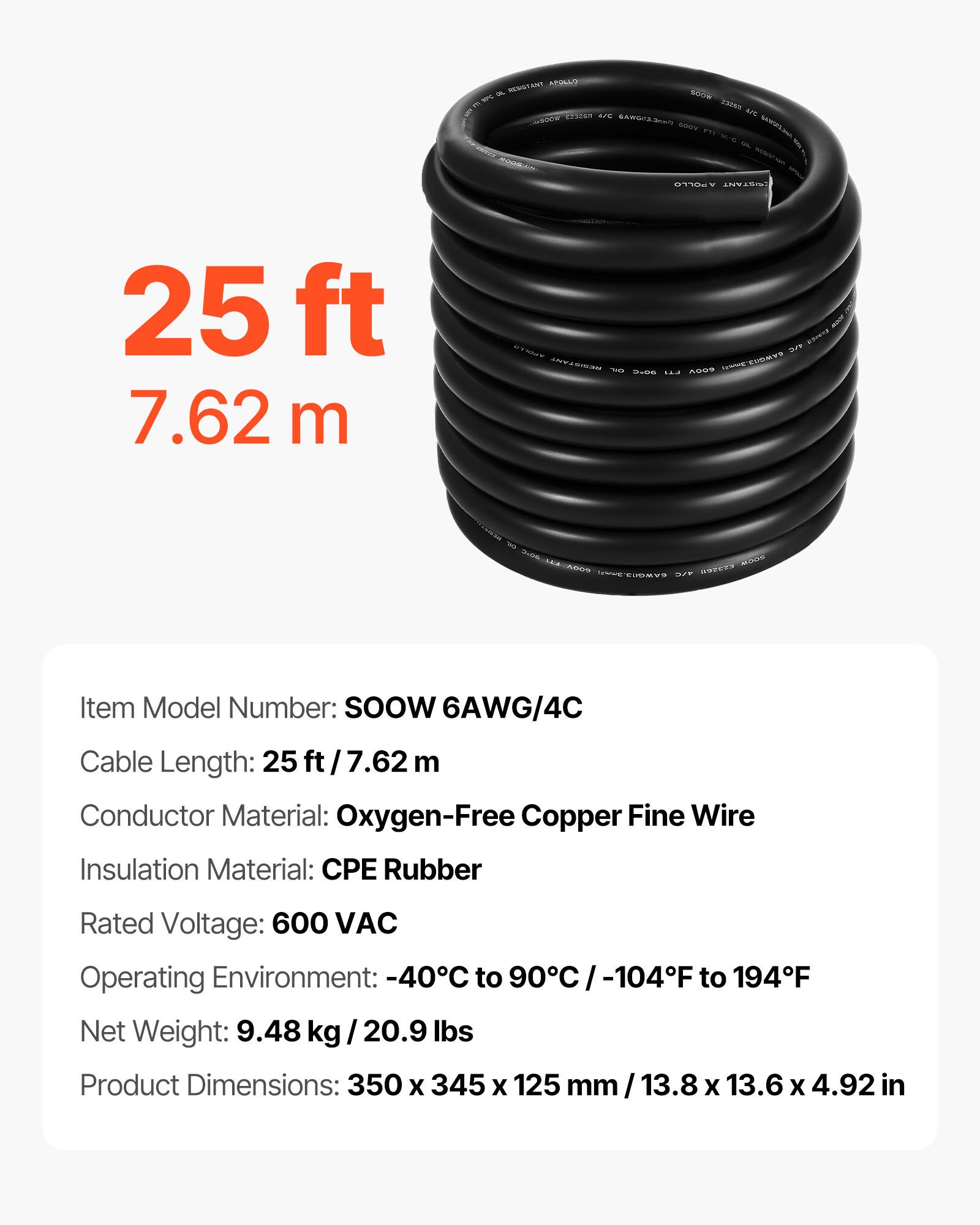 VEVOR 7.62 m 6AWG Portable Power Cable (4 Conductor), Heavy Duty 600V SOOW Electrical Power Cable, Industrial Grade Electric Wire, Premium CPE Rubber Jacket, Copper Extension Cord for Welder Machine