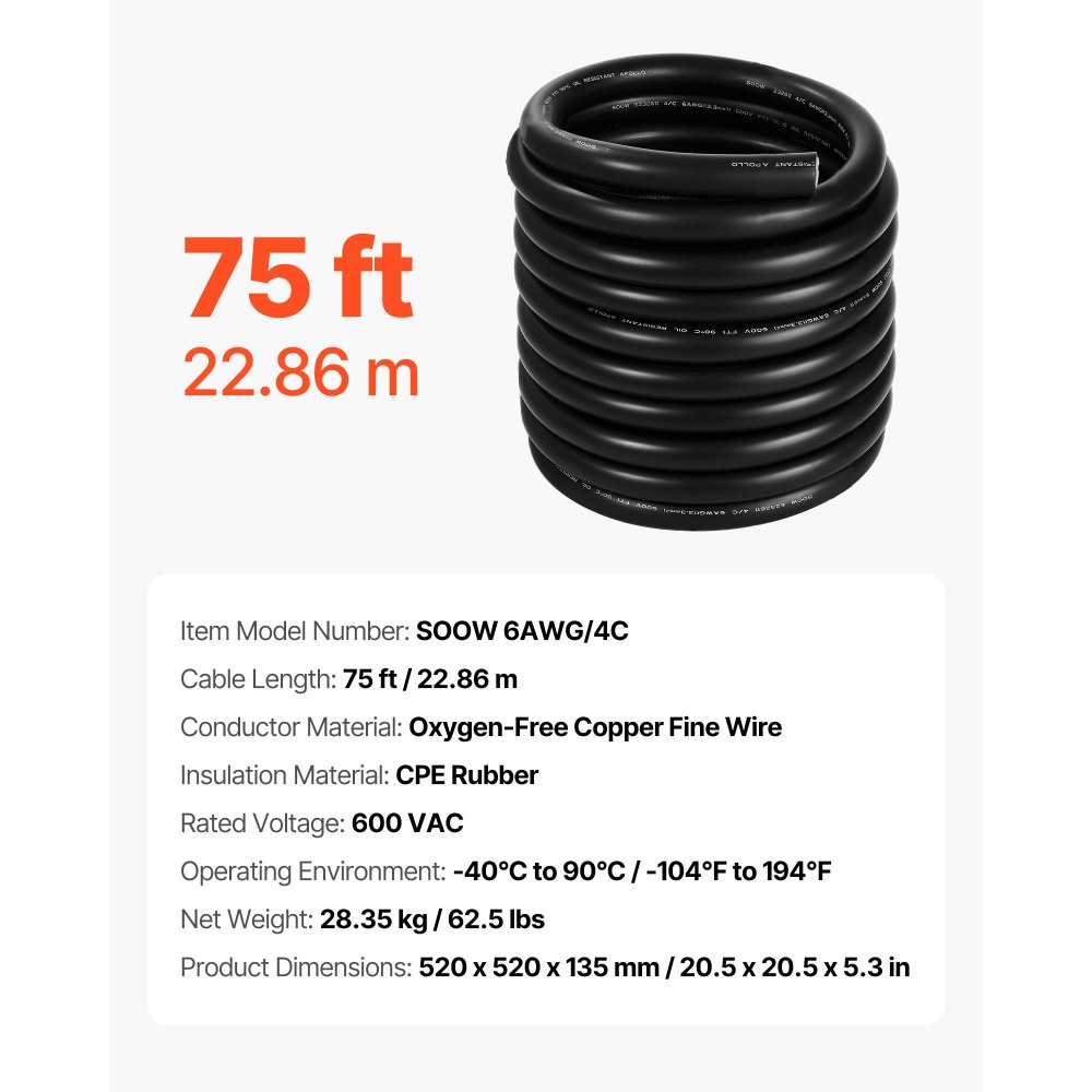 VEVOR 22.86 m 6AWG Portable Power Cable (4 Conductor), Heavy Duty 600V SOOW Electrical Power Cable, Industrial Electric Wire, Premium CPE Rubber Jacket, Copper Extension Cord for Welder Machine