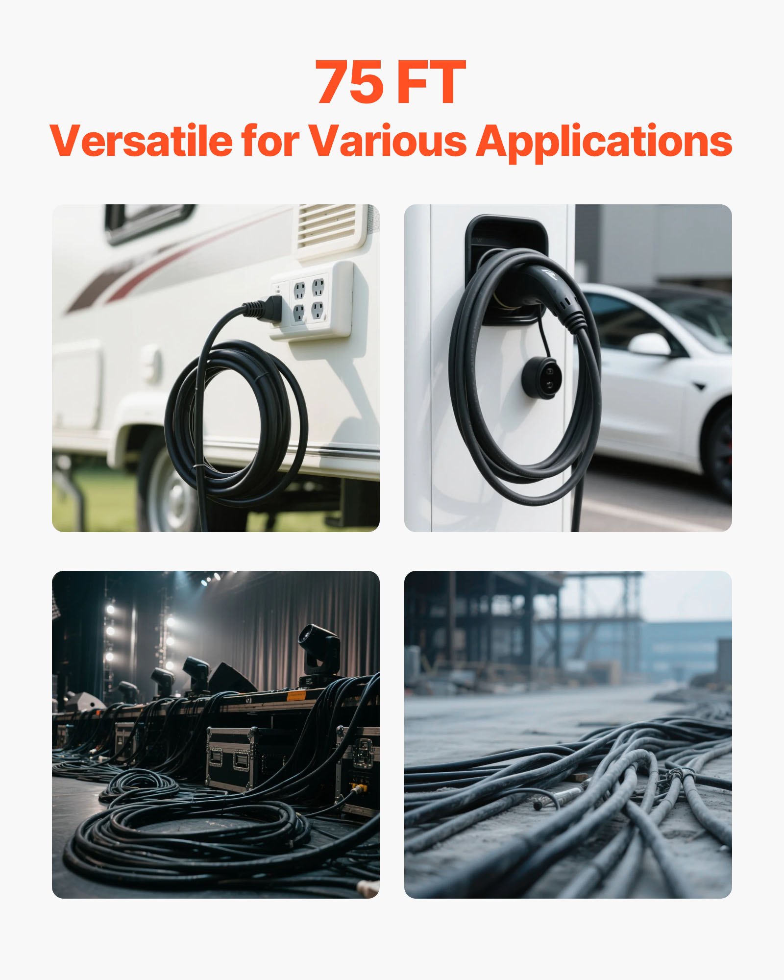 VEVOR 22.86 m 6AWG Portable Power Cable (4 Conductor), Heavy Duty 600V SOOW Electrical Power Cable, Industrial Electric Wire, Premium CPE Rubber Jacket, Copper Extension Cord for Welder Machine