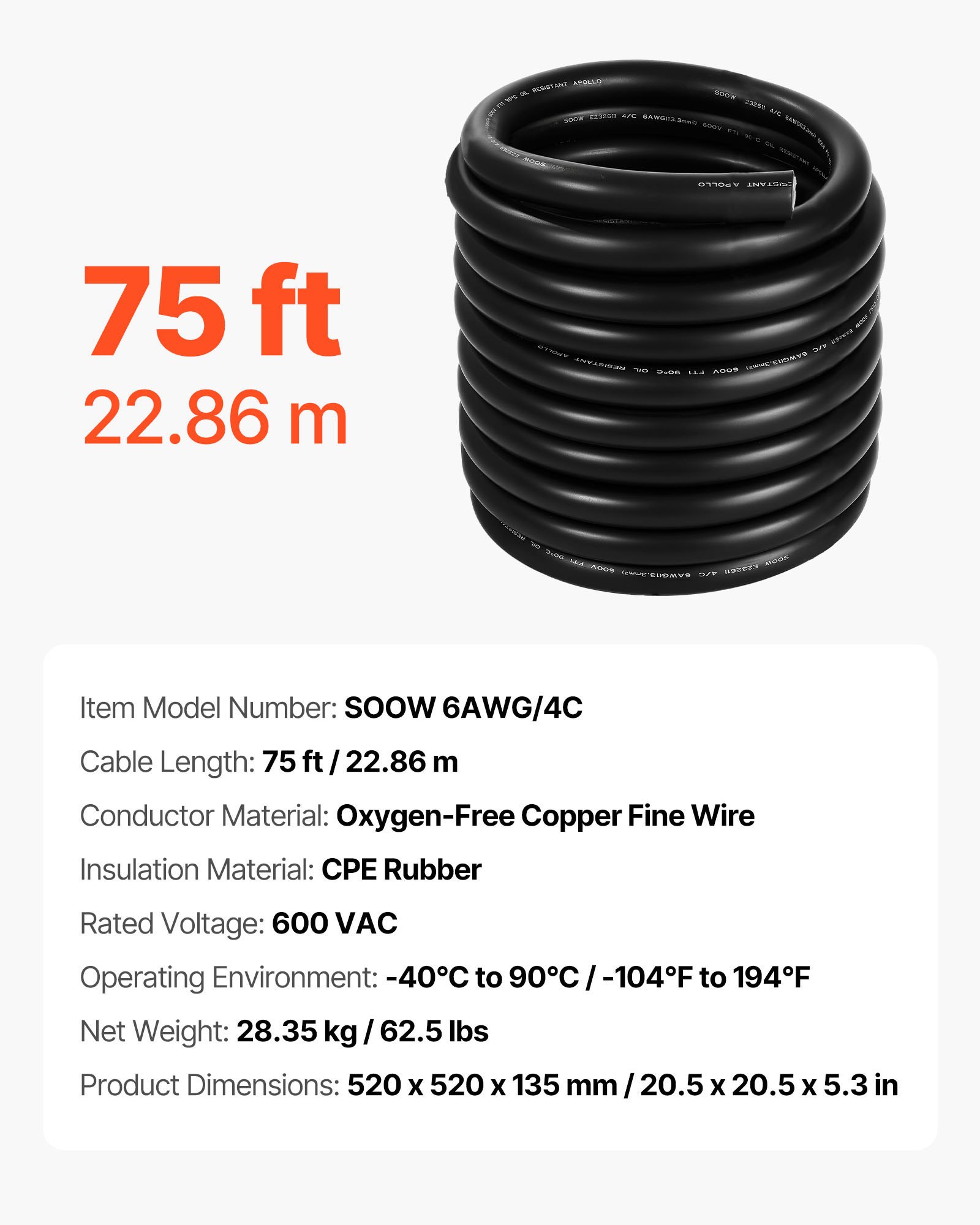 VEVOR 22.86 m 6AWG Portable Power Cable (4 Conductor), Heavy Duty 600V SOOW Electrical Power Cable, Industrial Electric Wire, Premium CPE Rubber Jacket, Copper Extension Cord for Welder Machine