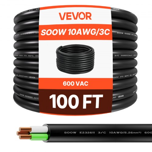 VEVOR 100 FT 10AWG Portable Power Cable (3 Conductor), Heavy Duty 600V SOOW Electrical Power Cable, Industrial Grade Electric Wire, Premium CPE Rubber Jacket, Copper Extension Cord for Welder Machine