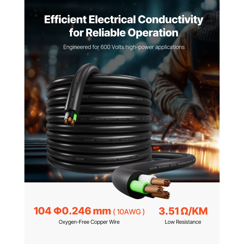 VEVOR 100 FT 10AWG Portable Power Cable (3 Conductor), Heavy Duty 600V SOOW Electrical Power Cable, Industrial Grade Electric Wire, Premium CPE Rubber Jacket, Copper Extension Cord for Welder Machine