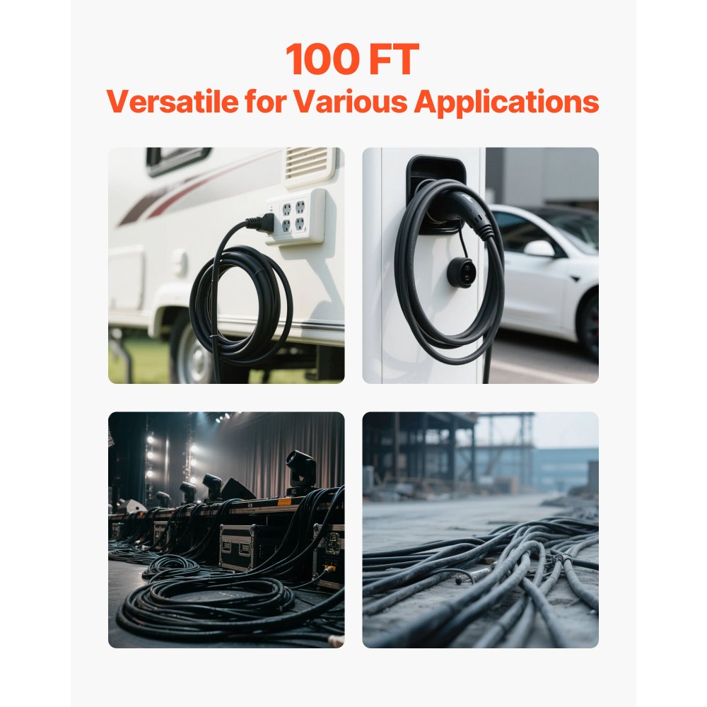 VEVOR 100 FT 10AWG Portable Power Cable (3 Conductor), Heavy Duty 600V SOOW Electrical Power Cable, Industrial Grade Electric Wire, Premium CPE Rubber Jacket, Copper Extension Cord for Welder Machine