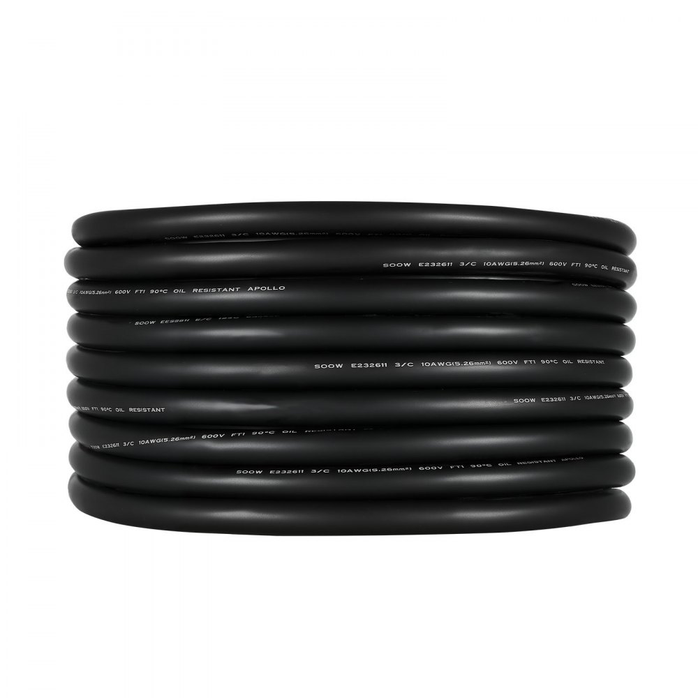 VEVOR 100 FT 10AWG Portable Power Cable (3 Conductor), Heavy Duty 600V SOOW Electrical Power Cable, Industrial Grade Electric Wire, Premium CPE Rubber Jacket, Copper Extension Cord for Welder Machine