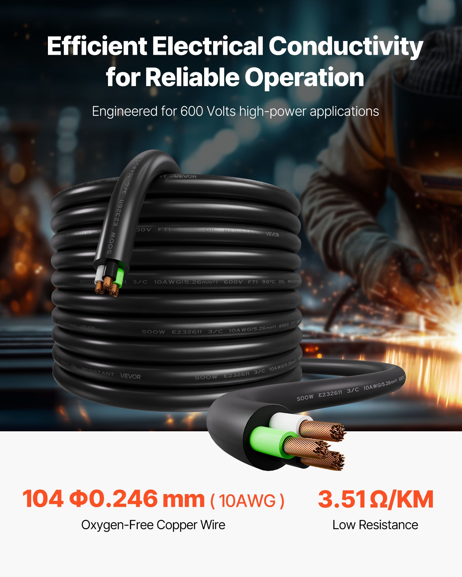 VEVOR 100 FT 10AWG Portable Power Cable (3 Conductor), Heavy Duty 600V SOOW Electrical Power Cable, Industrial Grade Electric Wire, Premium CPE Rubber Jacket, Copper Extension Cord for Welder Machine