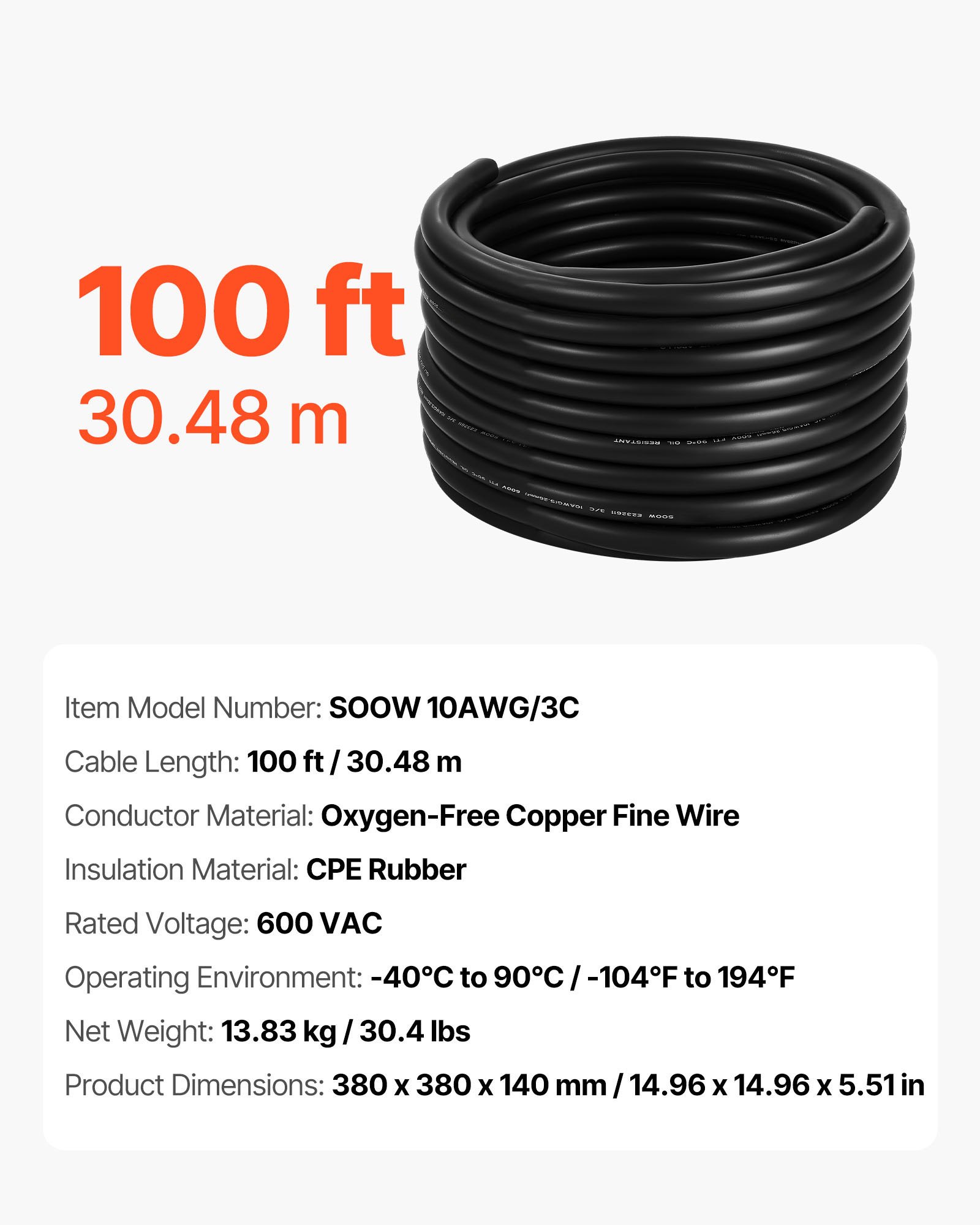 VEVOR 100 FT 10AWG Portable Power Cable (3 Conductor), Heavy Duty 600V SOOW Electrical Power Cable, Industrial Grade Electric Wire, Premium CPE Rubber Jacket, Copper Extension Cord for Welder Machine