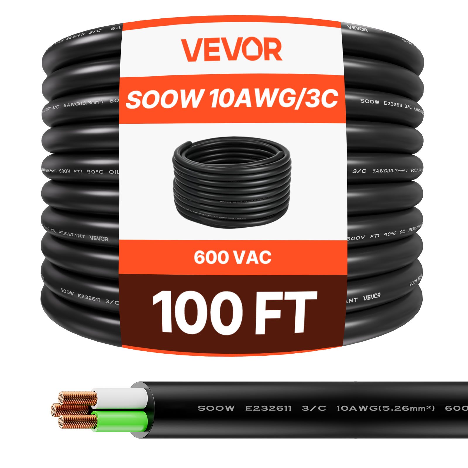 VEVOR 100 FT 10AWG Portable Power Cable (3 Conductor), Heavy Duty 600V SOOW Electrical Power Cable, Industrial Grade Electric Wire, Premium CPE Rubber Jacket, Copper Extension Cord for Welder Machine