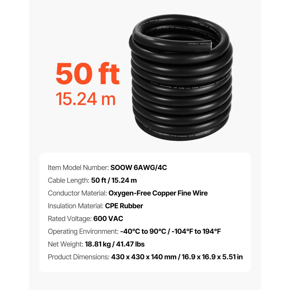 VEVOR 15.24 m 6AWG Portable Power Cable (4 Conductor), Heavy Duty 600V SOOW Electrical Power Cable, Industrial Electric Wire, Premium CPE Rubber Jacket, Copper Extension Cord for Welder Machine