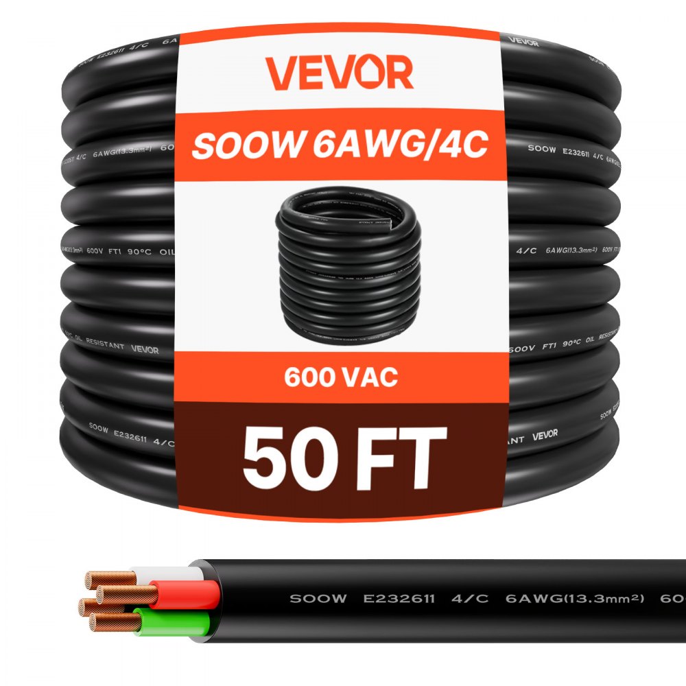 VEVOR 15.24 m 6AWG Portable Power Cable (4 Conductor), Heavy Duty 600V SOOW Electrical Power Cable, Industrial Electric Wire, Premium CPE Rubber Jacket, Copper Extension Cord for Welder Machine