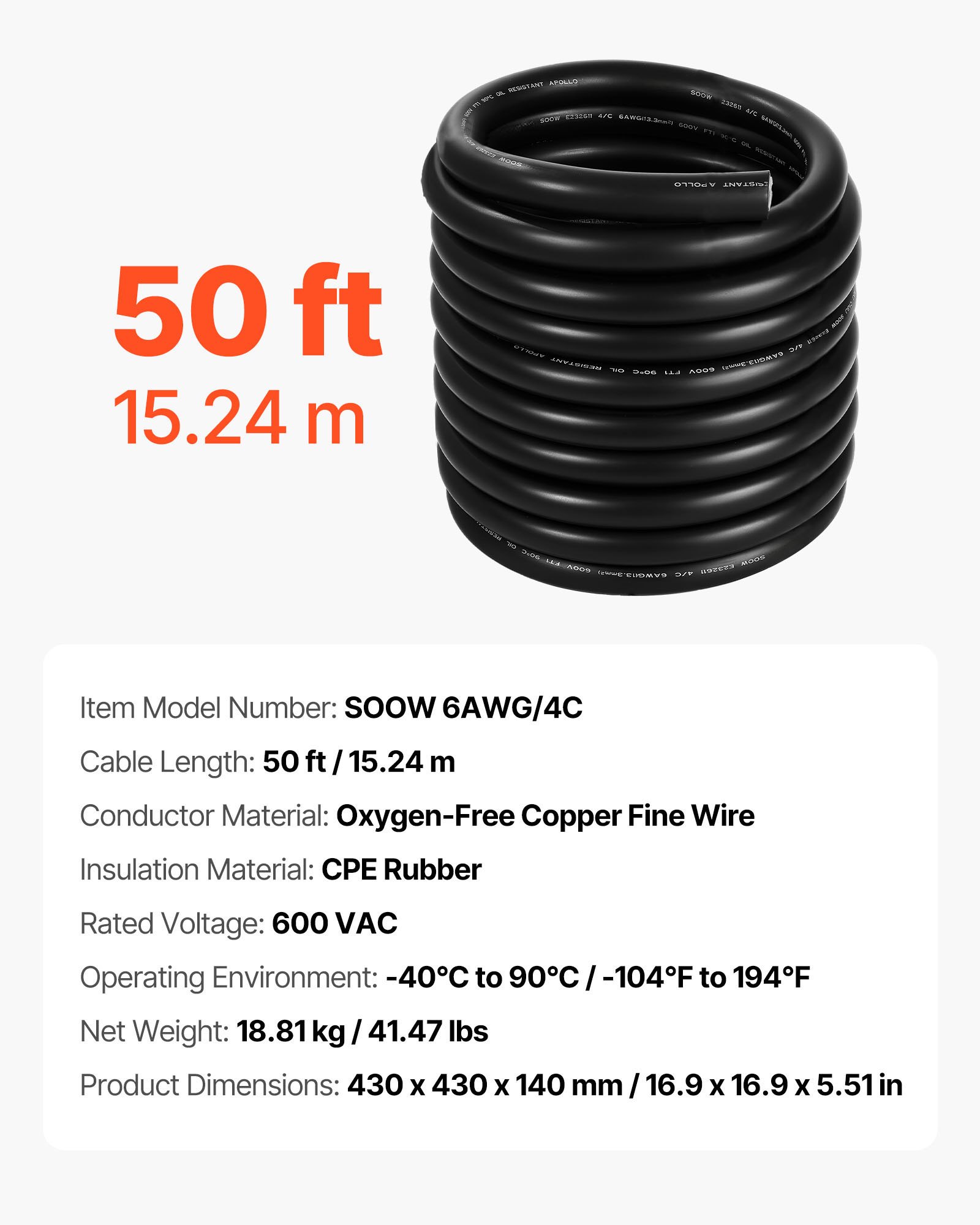 VEVOR 15.24 m 6AWG Portable Power Cable (4 Conductor), Heavy Duty 600V SOOW Electrical Power Cable, Industrial Electric Wire, Premium CPE Rubber Jacket, Copper Extension Cord for Welder Machine