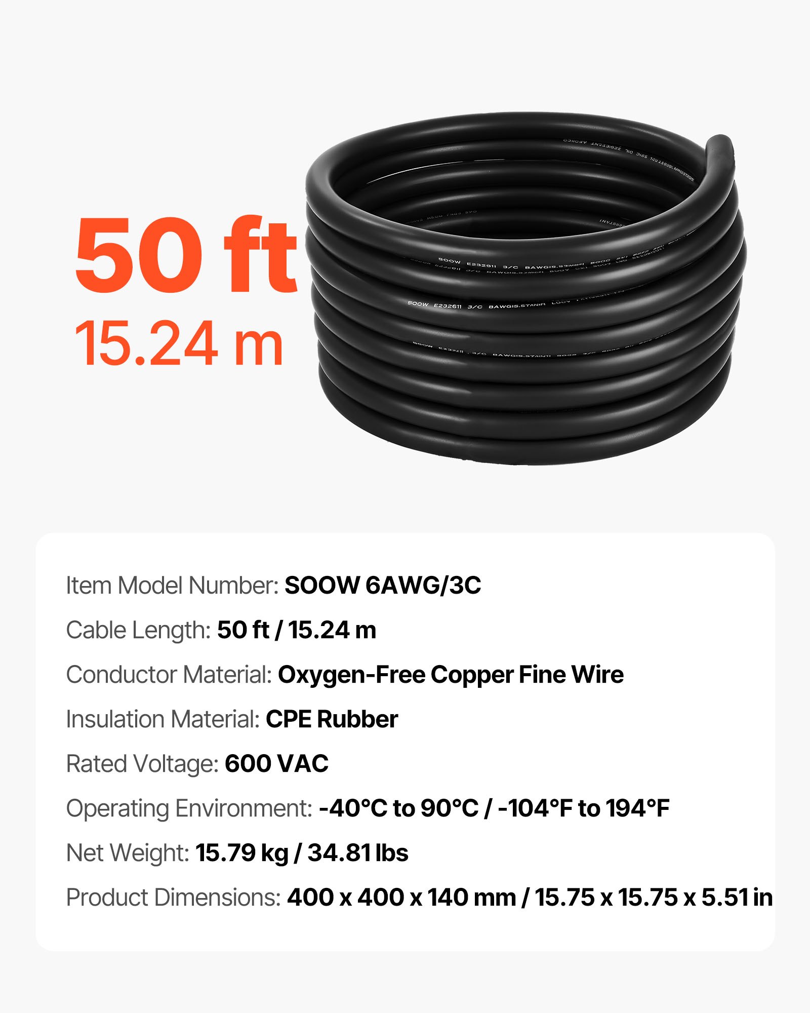 VEVOR 15.24 m 6AWG Portable Power Cable (3 Conductor), Heavy Duty 600V SOOW Electrical Power Cable, Industrial Electric Wire, Premium CPE Rubber Jacket, Copper Extension Cord for Welder Machine