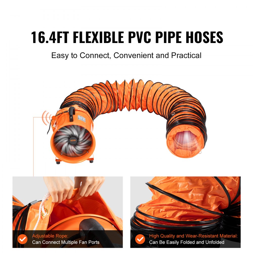 VEVOR Portable Ventilator, 304.8mm Heavy Duty Cylinder Fan with 5m Duct Hose, 367W Strong Shop Exhaust Blower 2574CFM, Industrial Utility Blower for Sucking Dust, Smoke, Smoke Home/Workplace