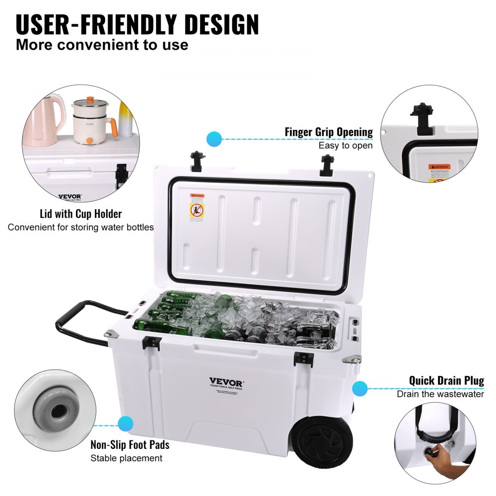 VEVOR insulated portable cooler with cup holder, finger grip opening, non-slip foot pads, and quick drain plug.