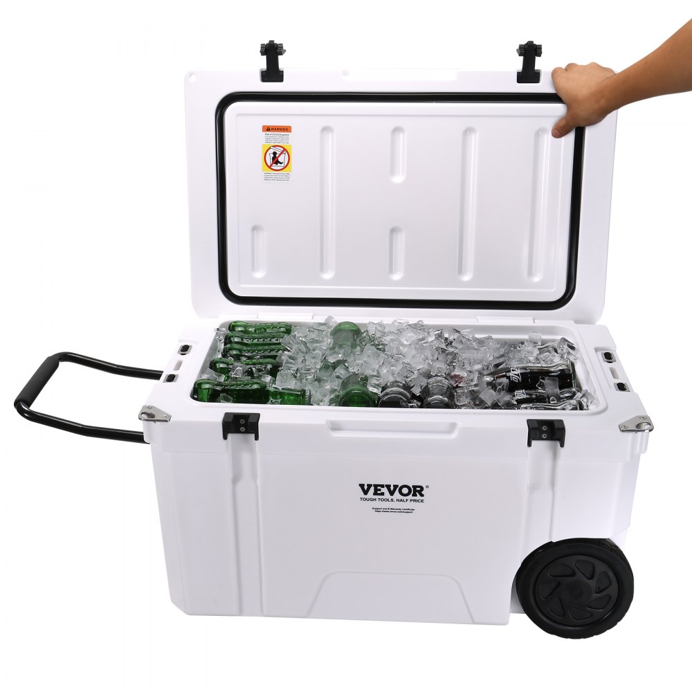 VEVOR insulated portable cooler filled with ice-cold drinks, wheeled design for easy transport.