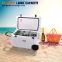 VEVOR insulated portable cooler on a beach with 65-quart capacity, filled with ice and beverage cans.