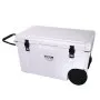 white VEVOR insulated portable cooler with black wheels and handle, featuring secure latches.