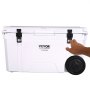 person opening the white VEVOR insulated portable cooler with wheels and a secure latch.