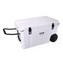 white VEVOR insulated portable cooler with wheels, handle, and black latches for secure closure.