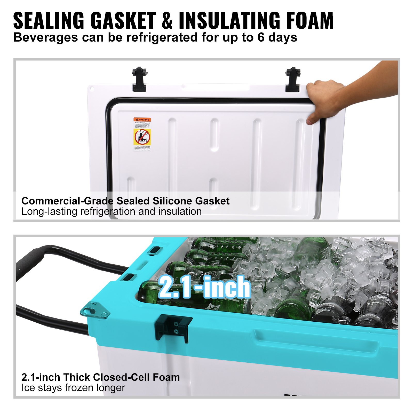 VEVOR insulated portable cooler with sealed silicone gasket and 2.1-inch thick closed-cell foam.