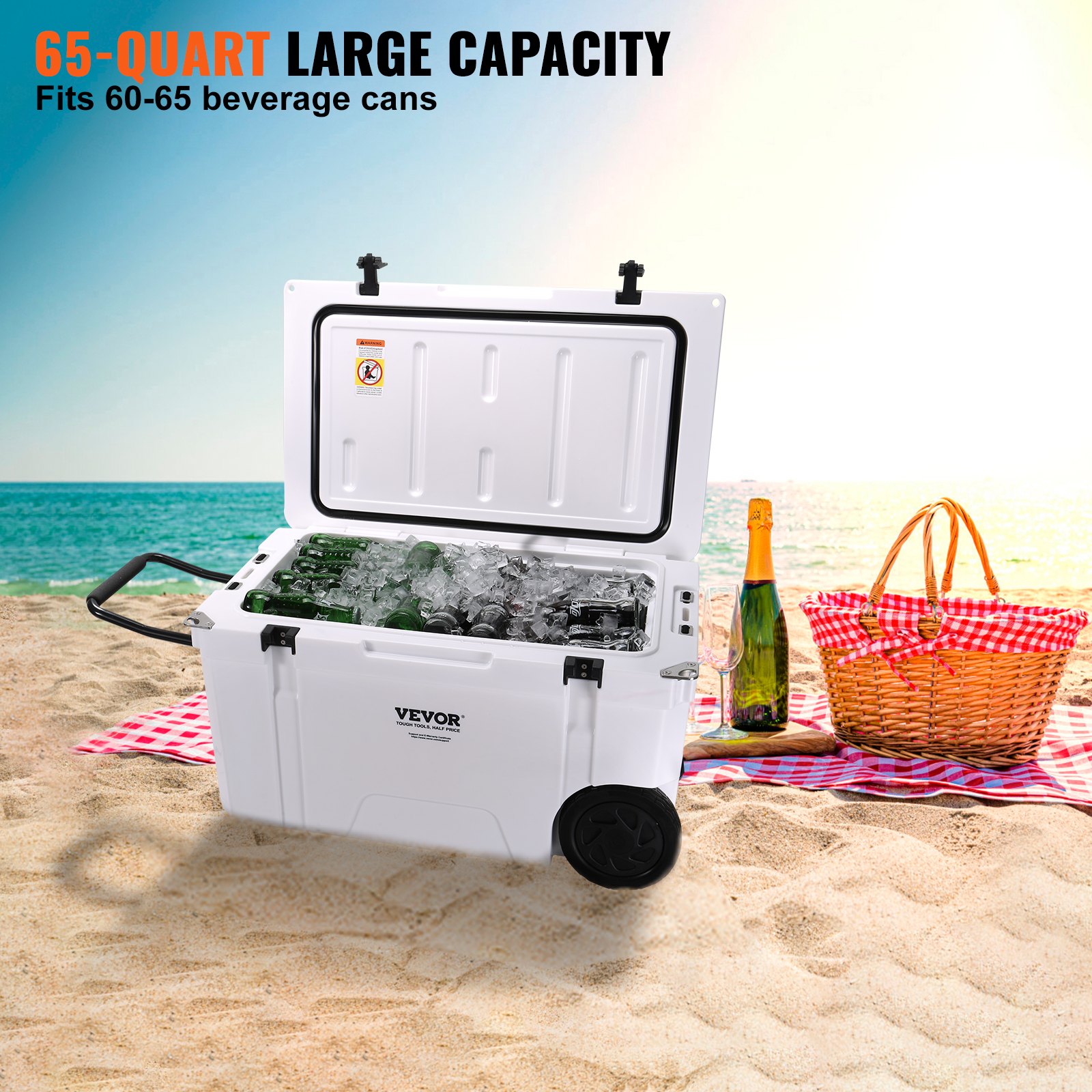 VEVOR insulated portable cooler on a beach with 65-quart capacity, filled with ice and beverage cans.