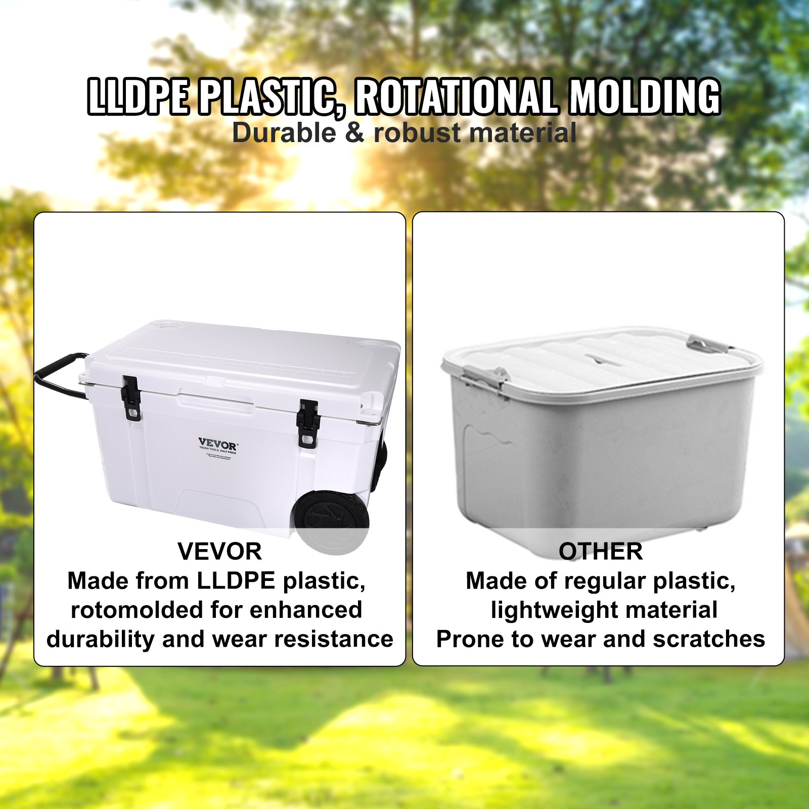 VEVOR insulated portable cooler made from lldpe plastic vs. regular plastic cooler comparison